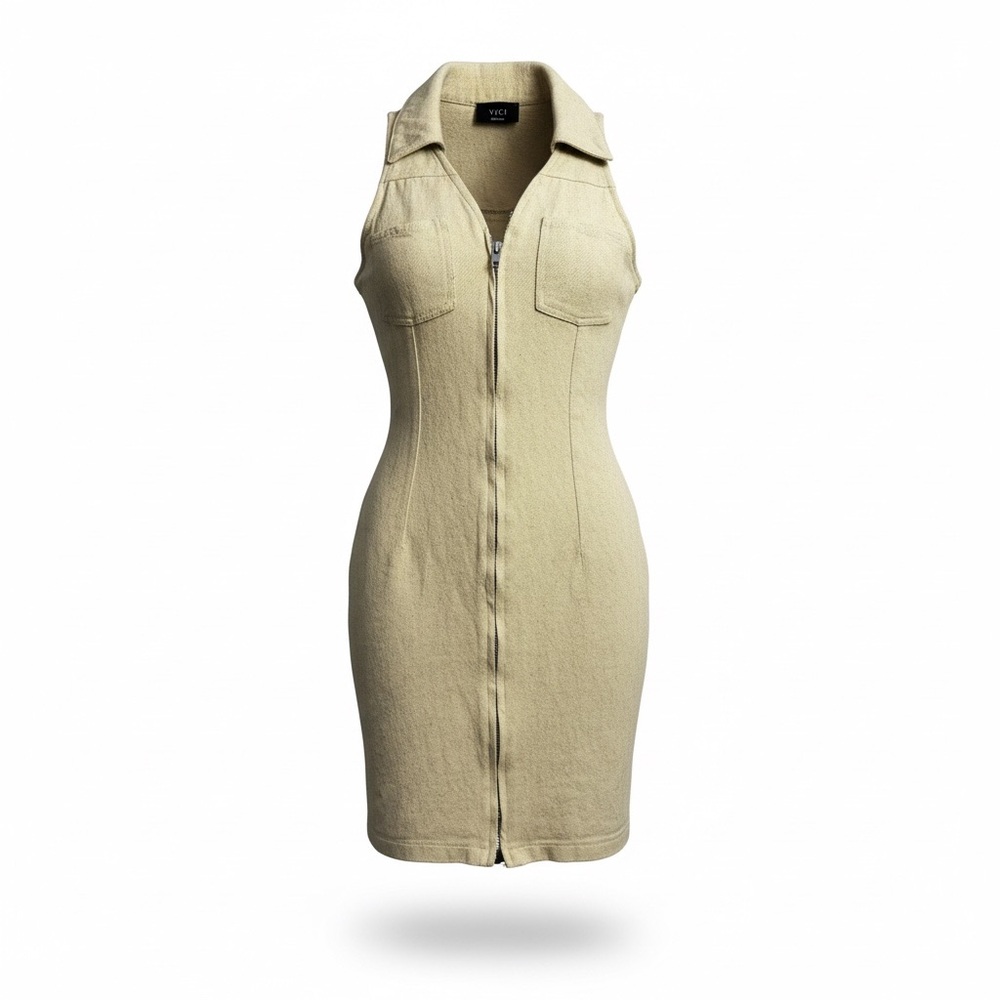 Vici neutral beige safari zip up sleeveless mini dress medium bodycon retro chic - Picture 7 of 7